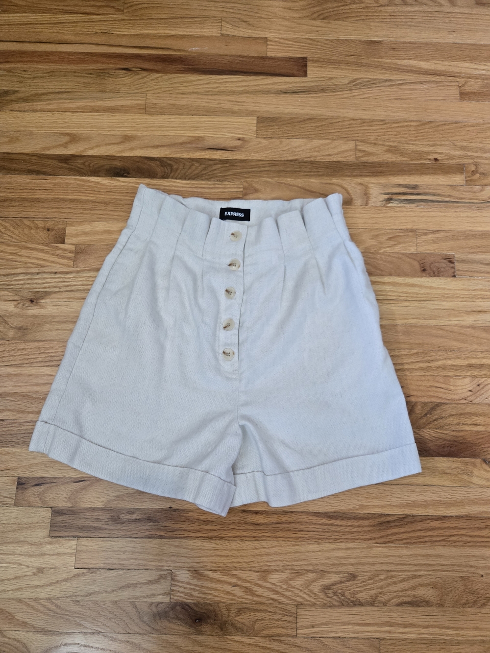 Express High-Waist Button-Front Shorts in Light Beige